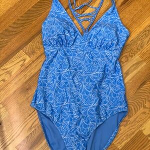 Prana Blue Leaf Pattern Women’s one piece swim